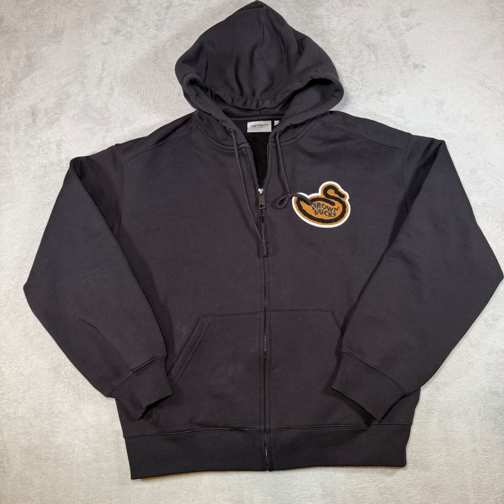 Carhartt WIP Mens Brown Ducks Full Zip Hoodie Black Graphic Sweatshirt Medium